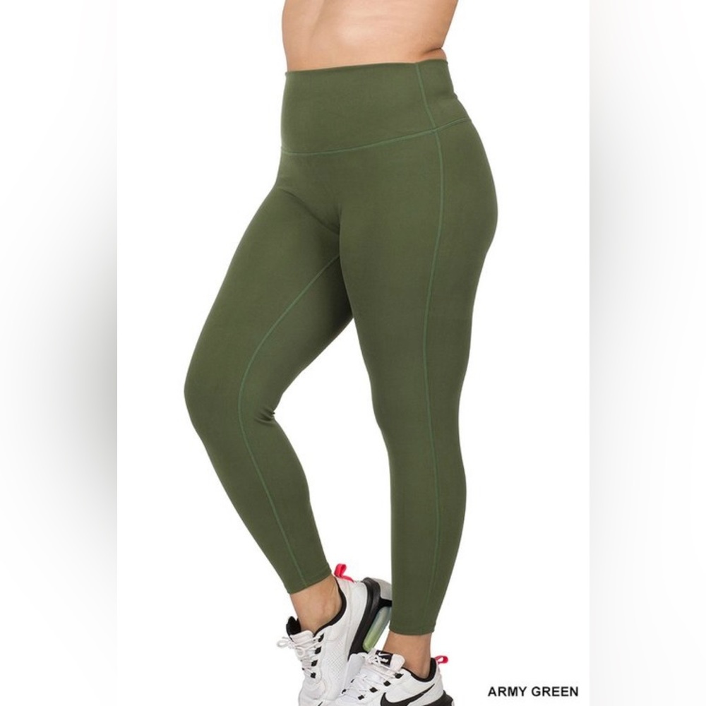 PLUS SIZE ARMY GREEN ATHLETIC HIGH WAISTED FULL LENGTH LEGGING PANTS